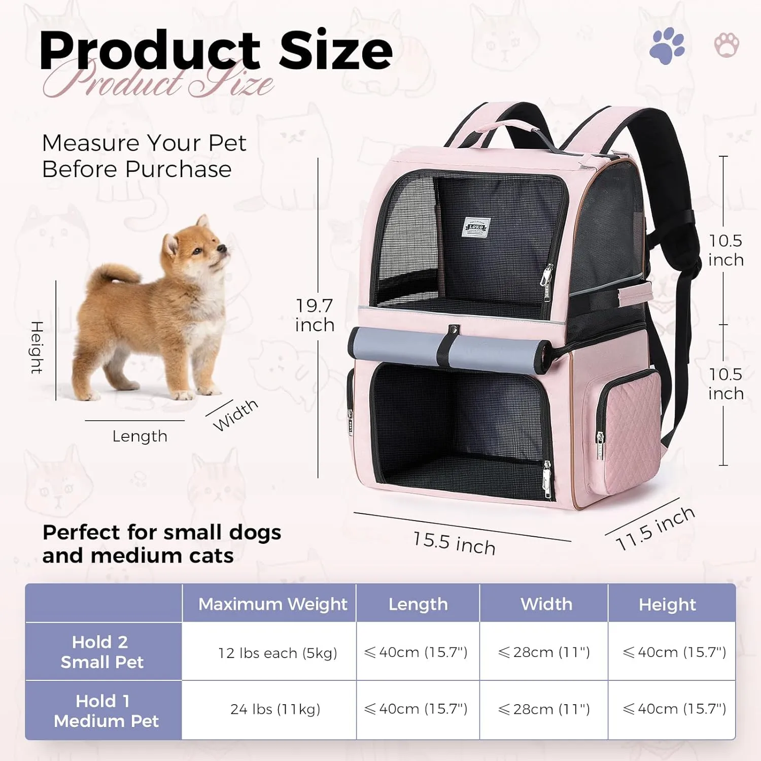 Lekebobor Double Cat Backpack Carrier for 2 Cats, Double-Compartment Pet Carrier Backpack for Two Small Cats or One Medium Dogs, Cats Carrier Backpack Dog Carrier Backpack Fits Up to 24 Lbs,Pink