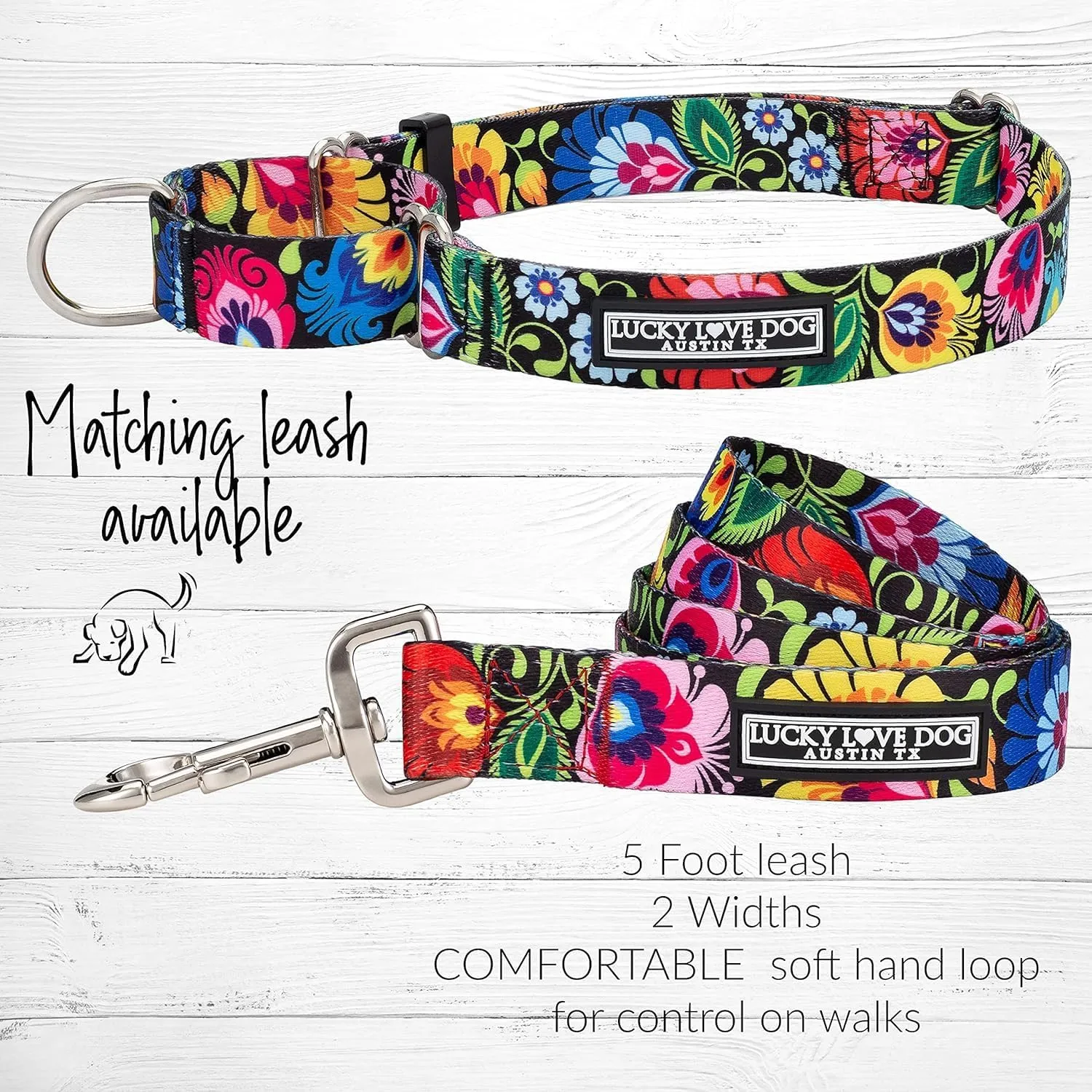 Lucky Love Dog Martingale Collar and Leash Set, Premium No Slip Collar and Leash Set, Great for Whippets, Greyhounds, and More (Blackbird, Small - Combo)
