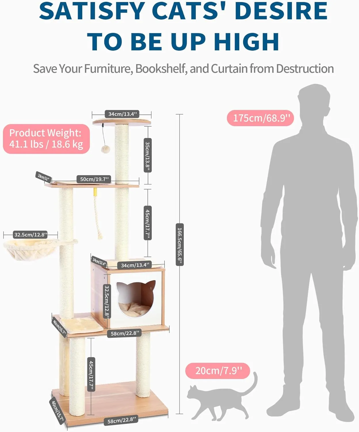 Made4Pets Cat Tree, Modern Cat Tree Tower for Indoor Cats - 65" Tall Wood Condo with Hammock, Scratching Post and Removable Pads for Small Large Cats