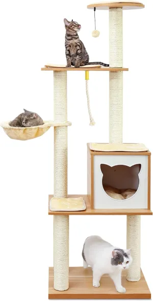 Made4Pets Cat Tree, Modern Cat Tree Tower for Indoor Cats - 65" Tall Wood Condo with Hammock, Scratching Post and Removable Pads for Small Large Cats