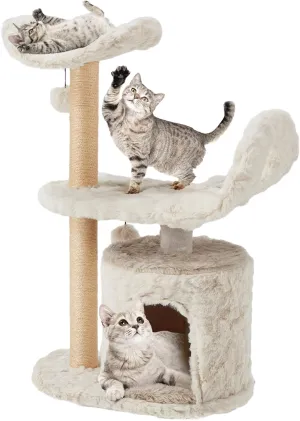 Modern Cute Cat Tree for Indoor Cats, 31-Inch 3-Tier Small Cat Tower with Scratching Posts, Soft White Plush Sailboat Perch & Lookout, Cute Cat Furniture for Kittens and Small Cats