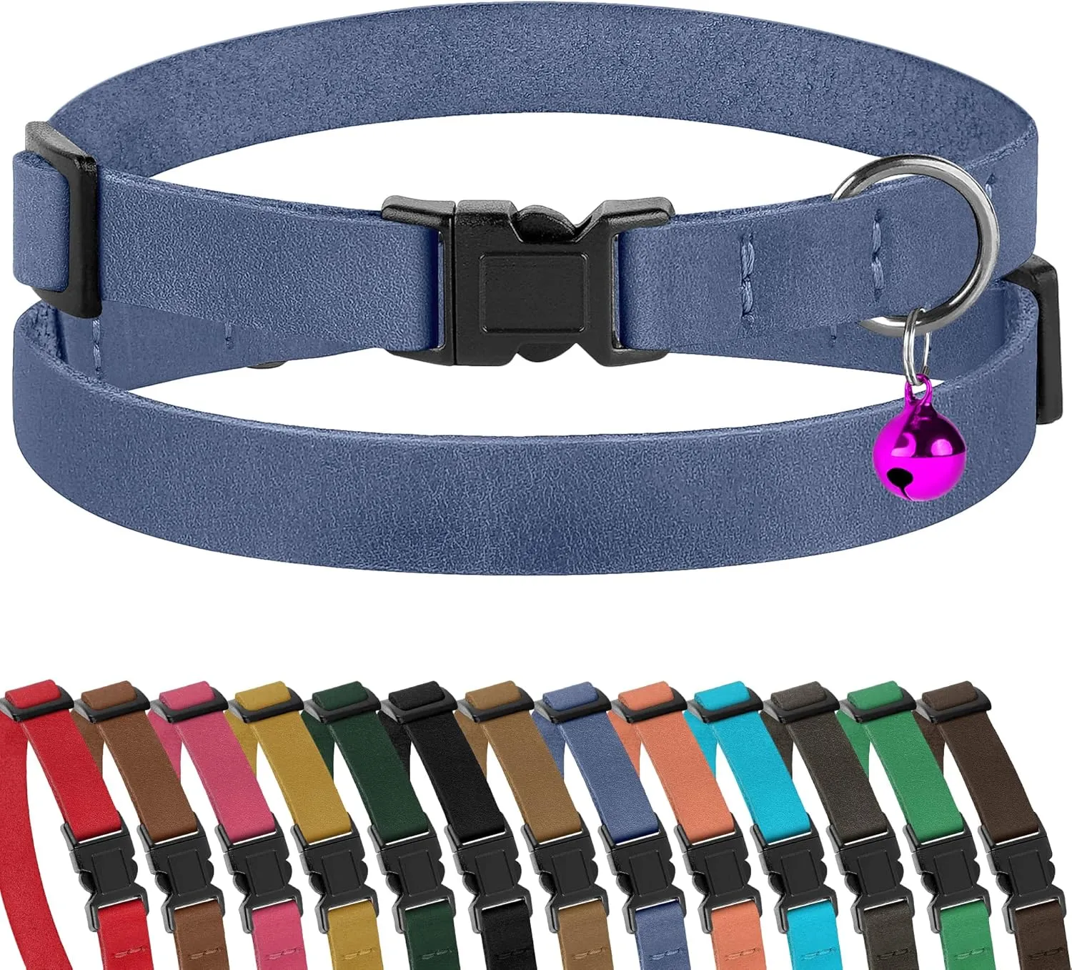 Muromto Breakaway Cat Collar Leather Soft Adjustable Pet Kitten Collars with Bell Pink Brown Blue Green Red (Blue)