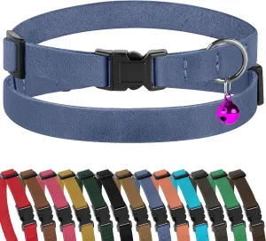 Muromto Breakaway Cat Collar Leather Soft Adjustable Pet Kitten Collars with Bell Pink Brown Blue Green Red (Blue)