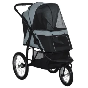 PawHut Pet Stroller for Small and Medium Dogs, 3 Big Wheels Foldable Cat Stroller Jogger with Adjustable Canopy, Safety Tether, Cushion, Storage Basket, Gray