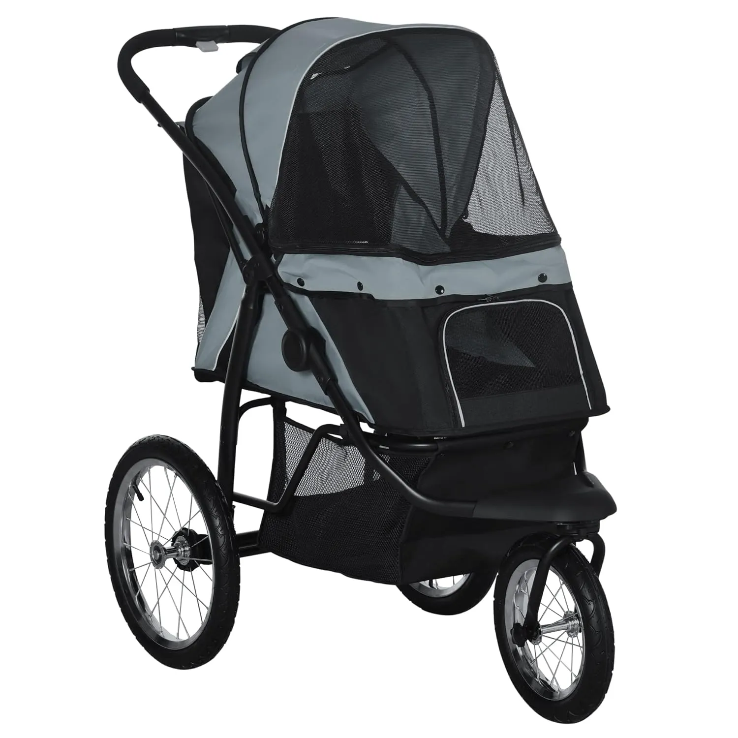 PawHut Pet Stroller for Small and Medium Dogs, 3 Big Wheels Foldable Cat Stroller Jogger with Adjustable Canopy, Safety Tether, Cushion, Storage Basket, Gray