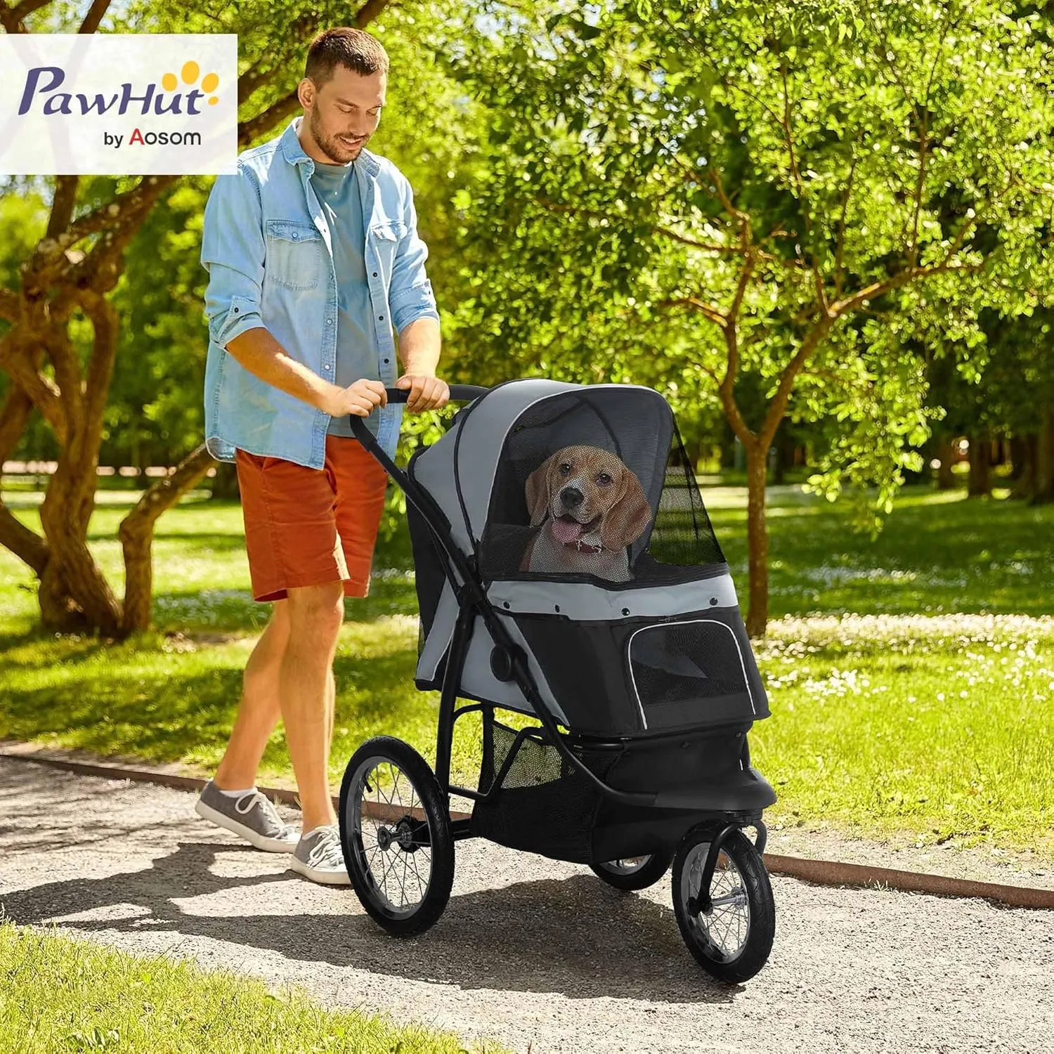 PawHut Pet Stroller for Small and Medium Dogs, 3 Big Wheels Foldable Cat Stroller Jogger with Adjustable Canopy, Safety Tether, Cushion, Storage Basket, Gray