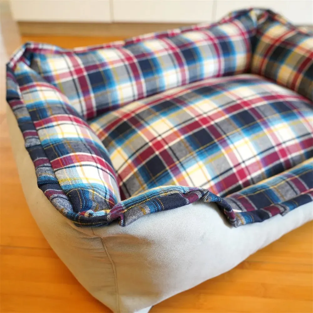 Personalized Navy Velvet Dog Bed, Classic Plaid Checked Dog Bed, Premium Dog Bed, Plush Fleece Base
