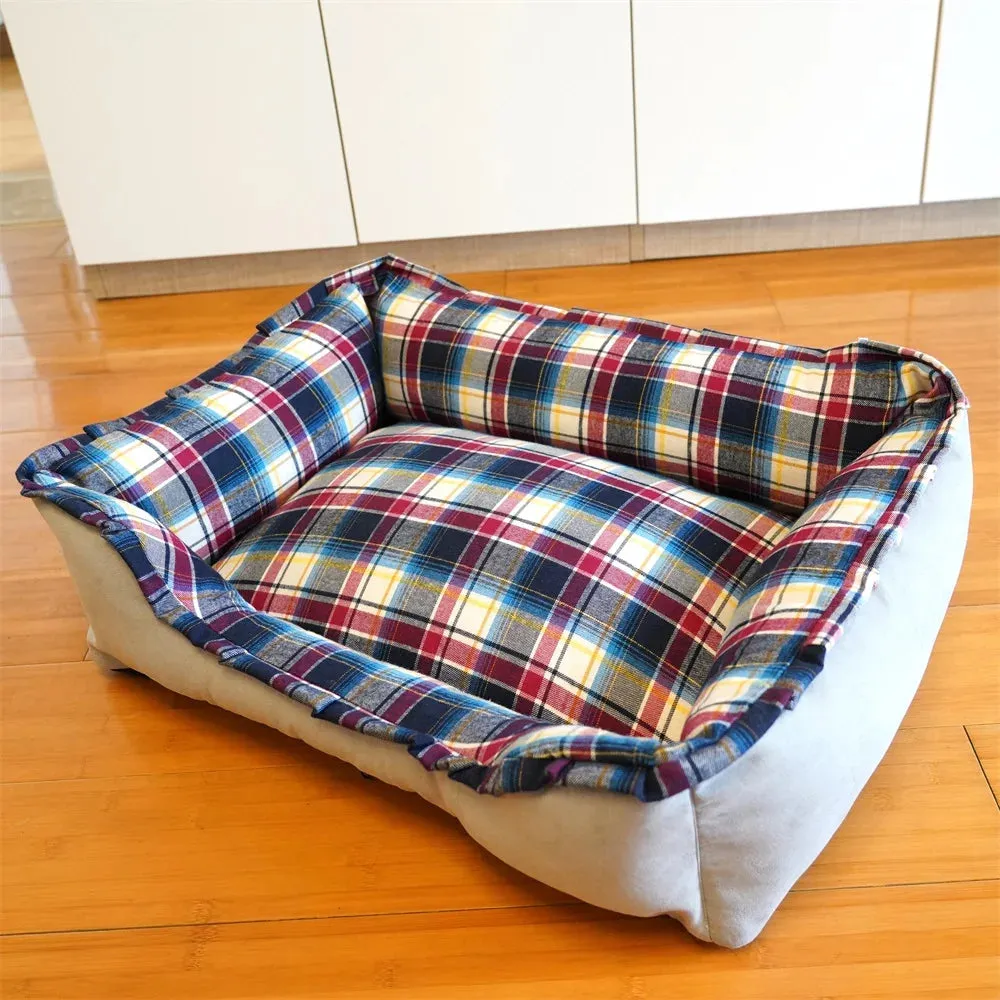 Personalized Navy Velvet Dog Bed, Classic Plaid Checked Dog Bed, Premium Dog Bed, Plush Fleece Base