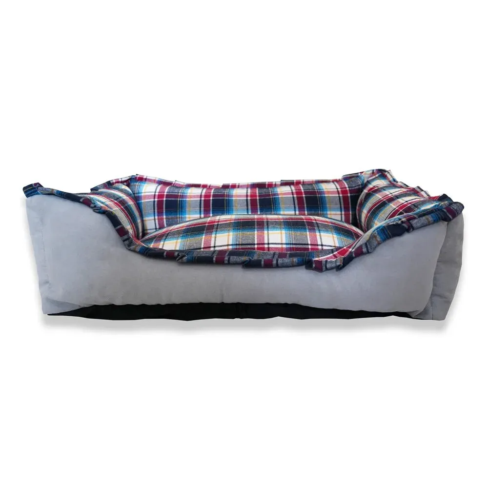 Personalized Navy Velvet Dog Bed, Classic Plaid Checked Dog Bed, Premium Dog Bed, Plush Fleece Base