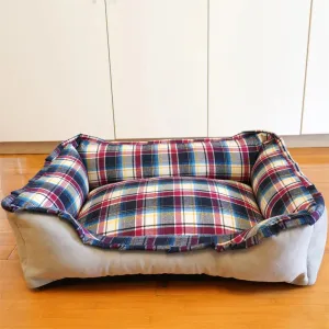 Personalized Navy Velvet Dog Bed, Classic Plaid Checked Dog Bed, Premium Dog Bed, Plush Fleece Base