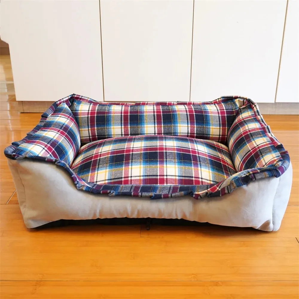 Personalized Navy Velvet Dog Bed, Classic Plaid Checked Dog Bed, Premium Dog Bed, Plush Fleece Base