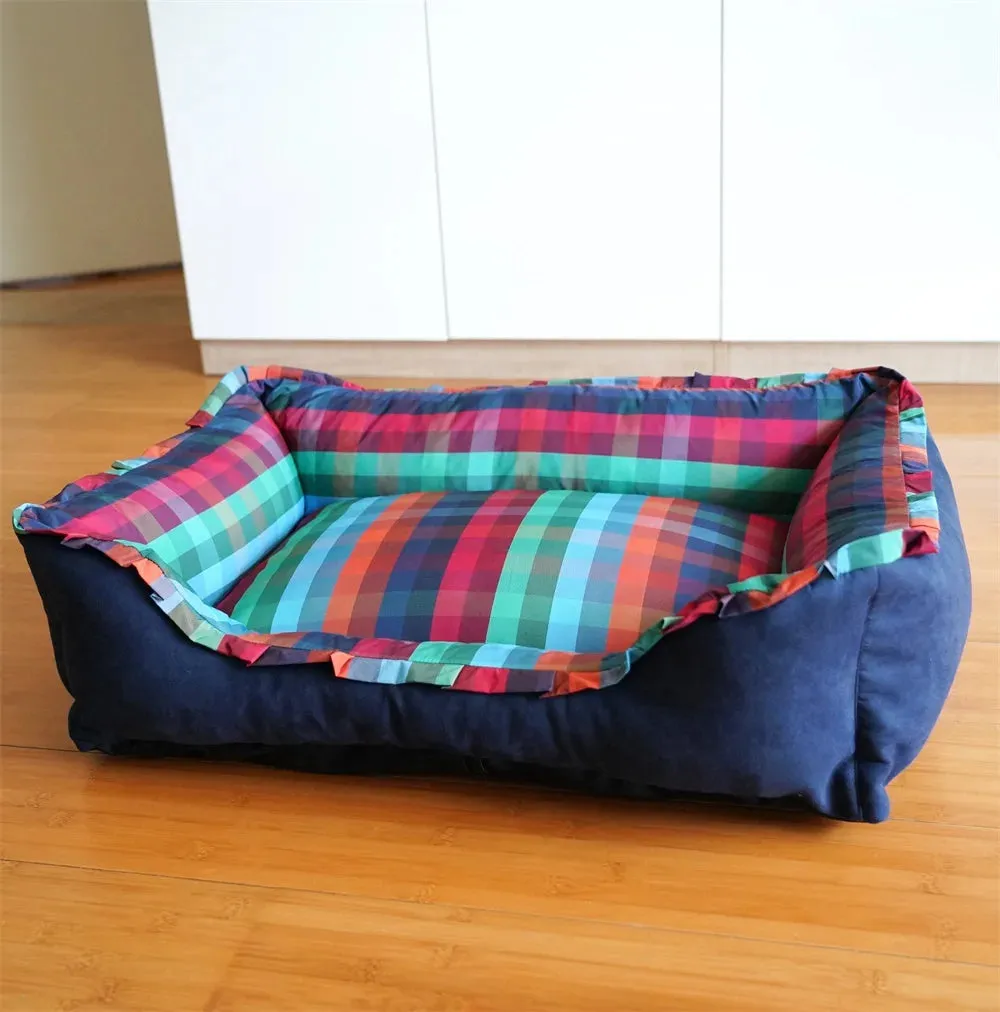 Personalized Navy Velvet Dog Bed, Classic Plaid Checked Dog Bed, Premium Dog Bed, Plush Fleece Base