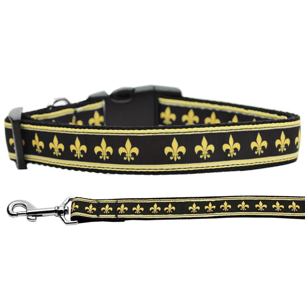 Pet Dog and Cat Nylon Collar or Leash, "Black & Gold Fleur De Lis"