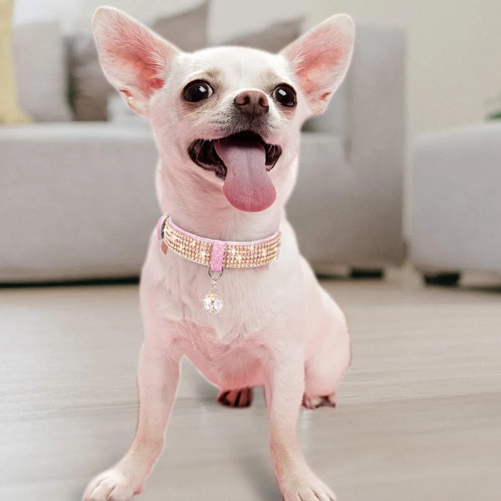 PetsHome Cat Collar, Dog Collar, [Bling Rhinestones] Premium PU Leather with Pendant Adjustable Collars for Small to Medium Dog Medium Pink