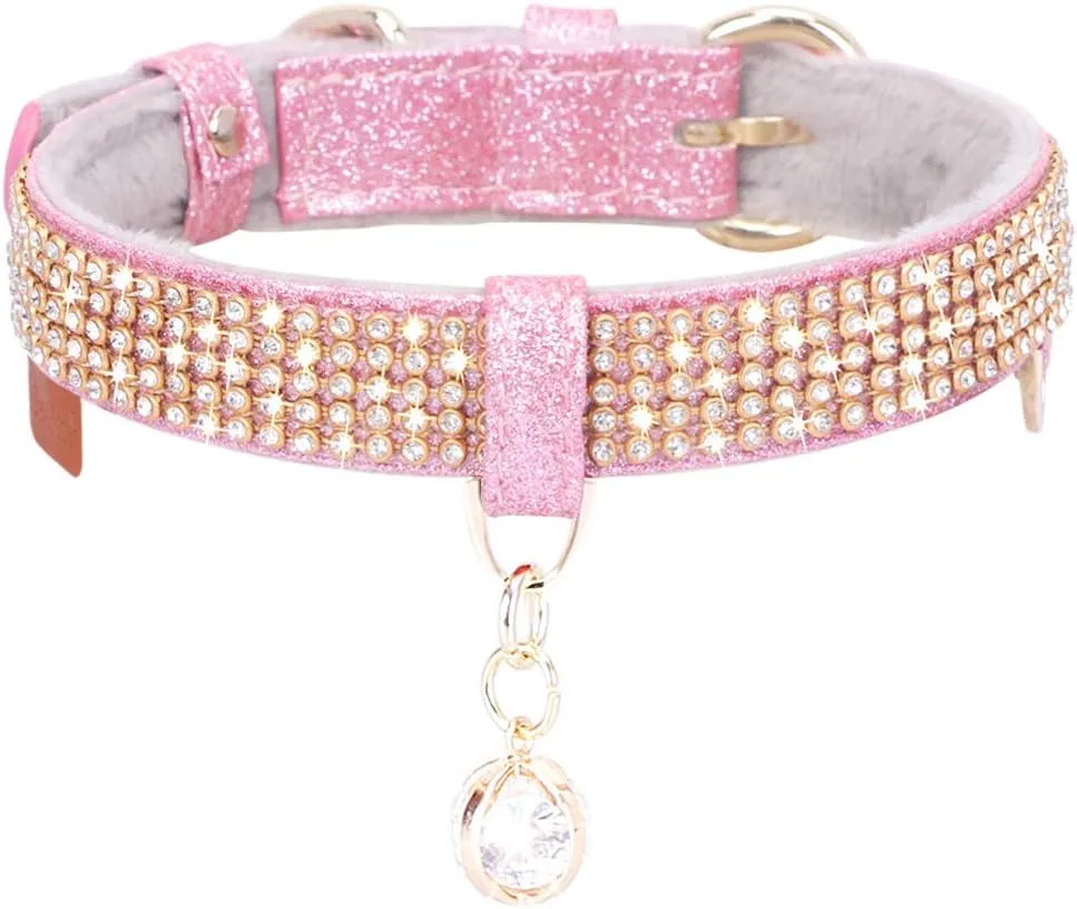 PetsHome Cat Collar, Dog Collar, [Bling Rhinestones] Premium PU Leather with Pendant Adjustable Collars for Small to Medium Dog Medium Pink