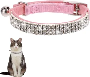 Pink Cat Collar with Bell & Rhinestones - Soft Breakaway, Adjustable for Small Dogs & Cats