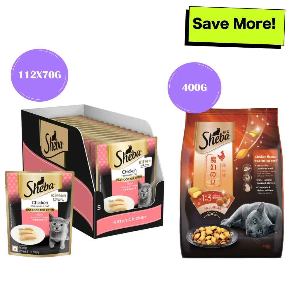 Sheba Chicken Loaf Premium Kitten (2 to 12 Months) Wet Food and Chicken All Life Stage Cat Dry Food Combo