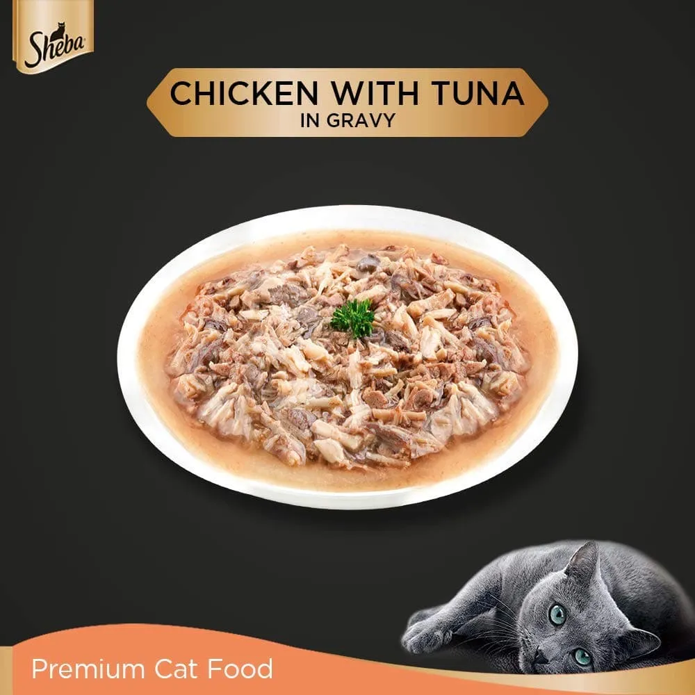 Sheba Chicken With Tuna In Gravy and Fish with Dry Bonito Flake Premium Cat Wet Food Combo