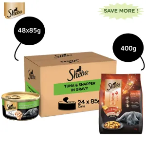 Sheba Complete Nutrition Tuna White Meat & Snapper In Gravy Cat Wet Food and Sheba Chicken Flavour Irresistible Cat Dry Food Combo