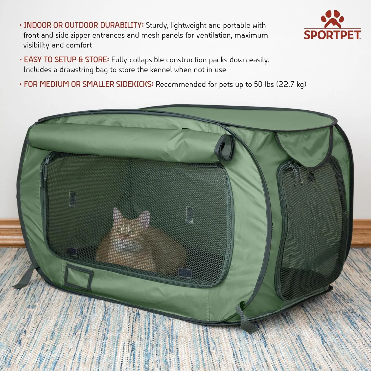 SportPet Designs Large Pop Open Kennel, Portable Cat Cage Kennel