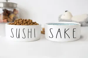 Sushi and Sake Funny White Ceramic Pet Food Bowls Set