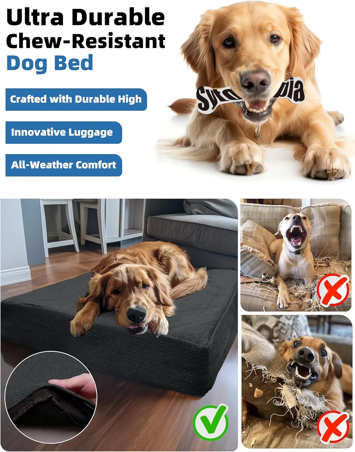 Sytopia 42" Chew-Proof Dog Bed, XL, Outdoor Waterproof Pet Bed for Extra Large Dogs, Washable, Orthopedic, Dog Crate Pad, Supports up to 100 lbs, Dark Gray