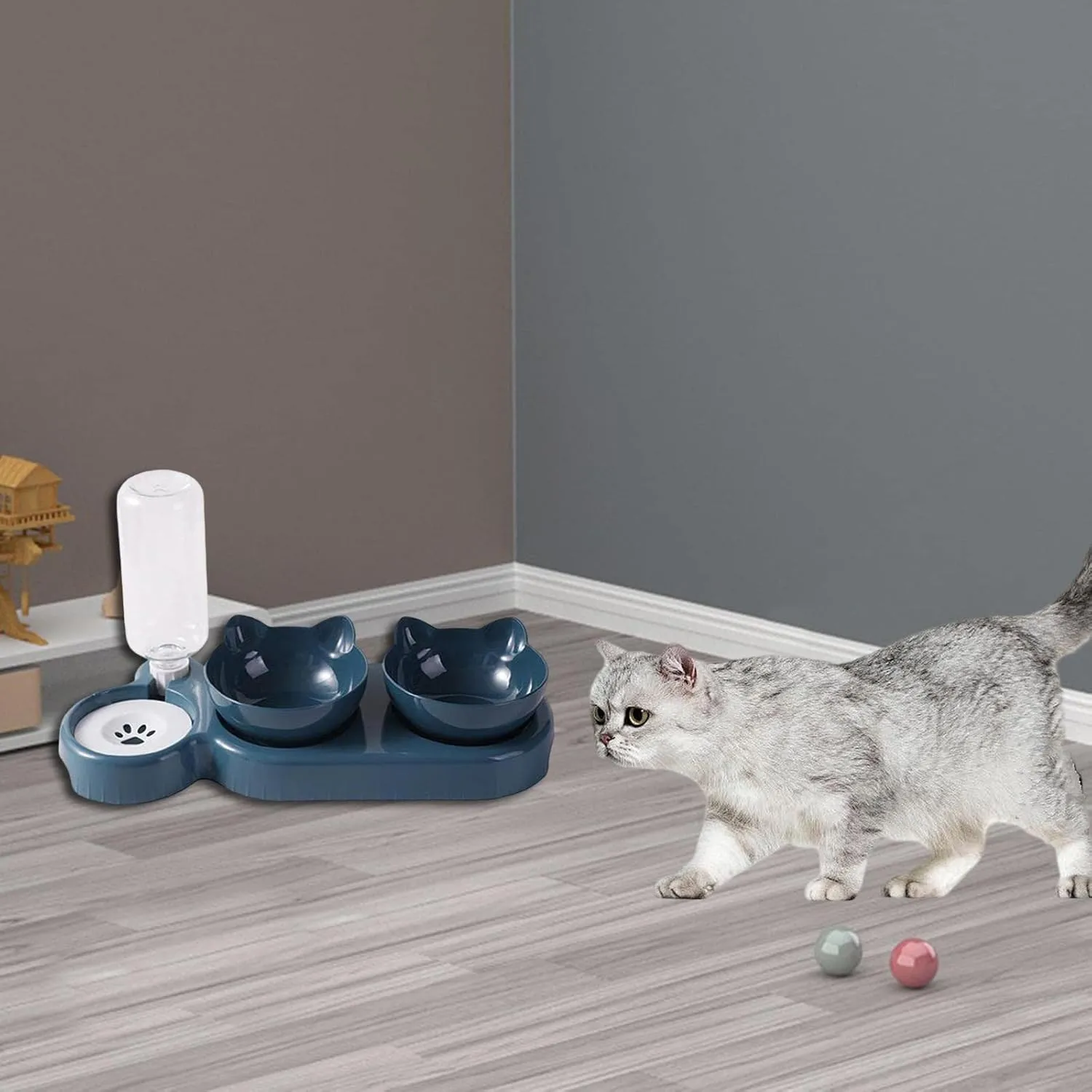 Triple Cat Bowls Pet Feeder, 2-in-1 Double Bowls With Automatic Drinking Bottle,For Cats And Dogs