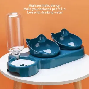 Triple Cat Bowls Pet Feeder, 2-in-1 Double Bowls With Automatic Drinking Bottle,For Cats And Dogs