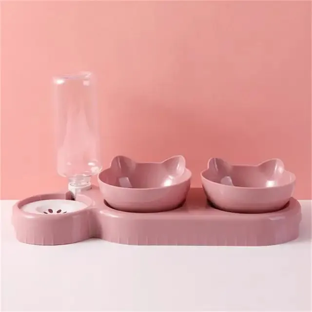Triple Cat Bowls Pet Feeder, 2-in-1 Double Bowls With Automatic Drinking Bottle,For Cats And Dogs