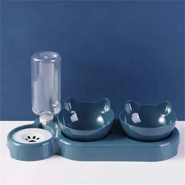 Triple Cat Bowls Pet Feeder, 2-in-1 Double Bowls With Automatic Drinking Bottle,For Cats And Dogs