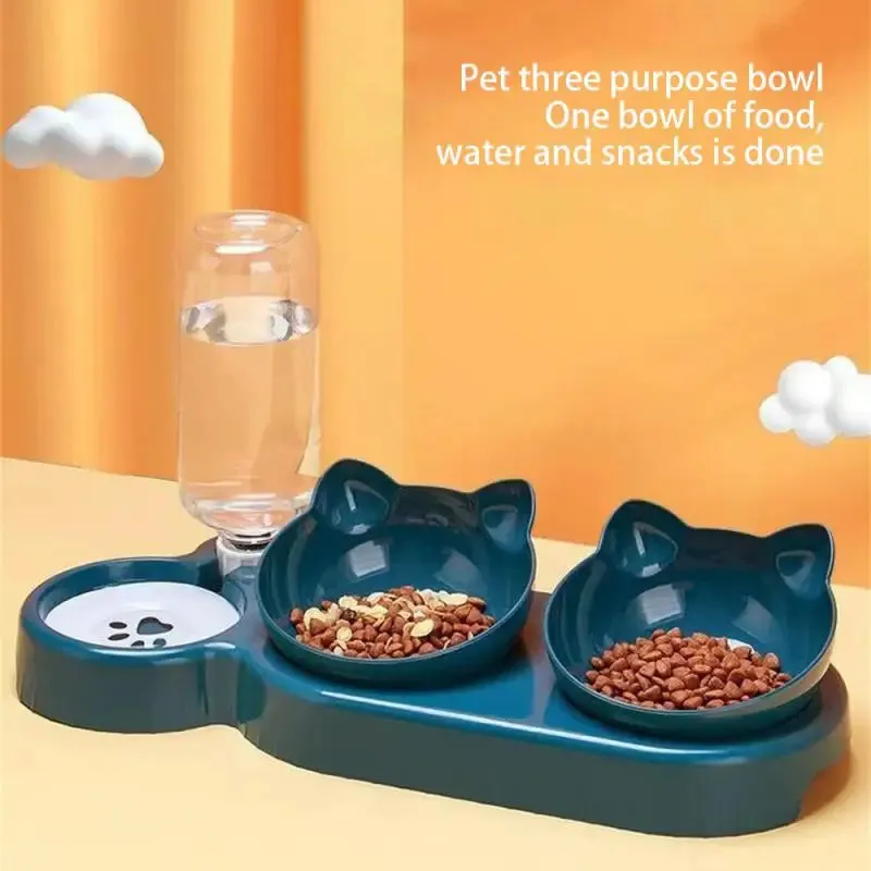 Triple Cat Bowls Pet Feeder, 2-in-1 Double Bowls With Automatic Drinking Bottle,For Cats And Dogs